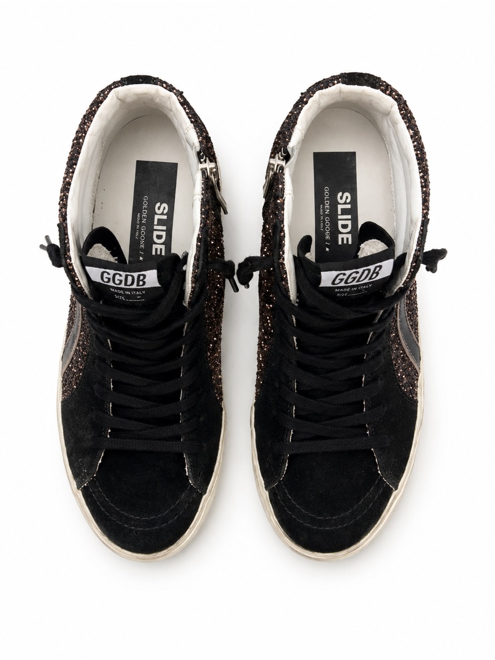 Auth Golden Goose Slide High Top Sneakers Brown Glitter/Black Size 38 - Picture 7 of 8